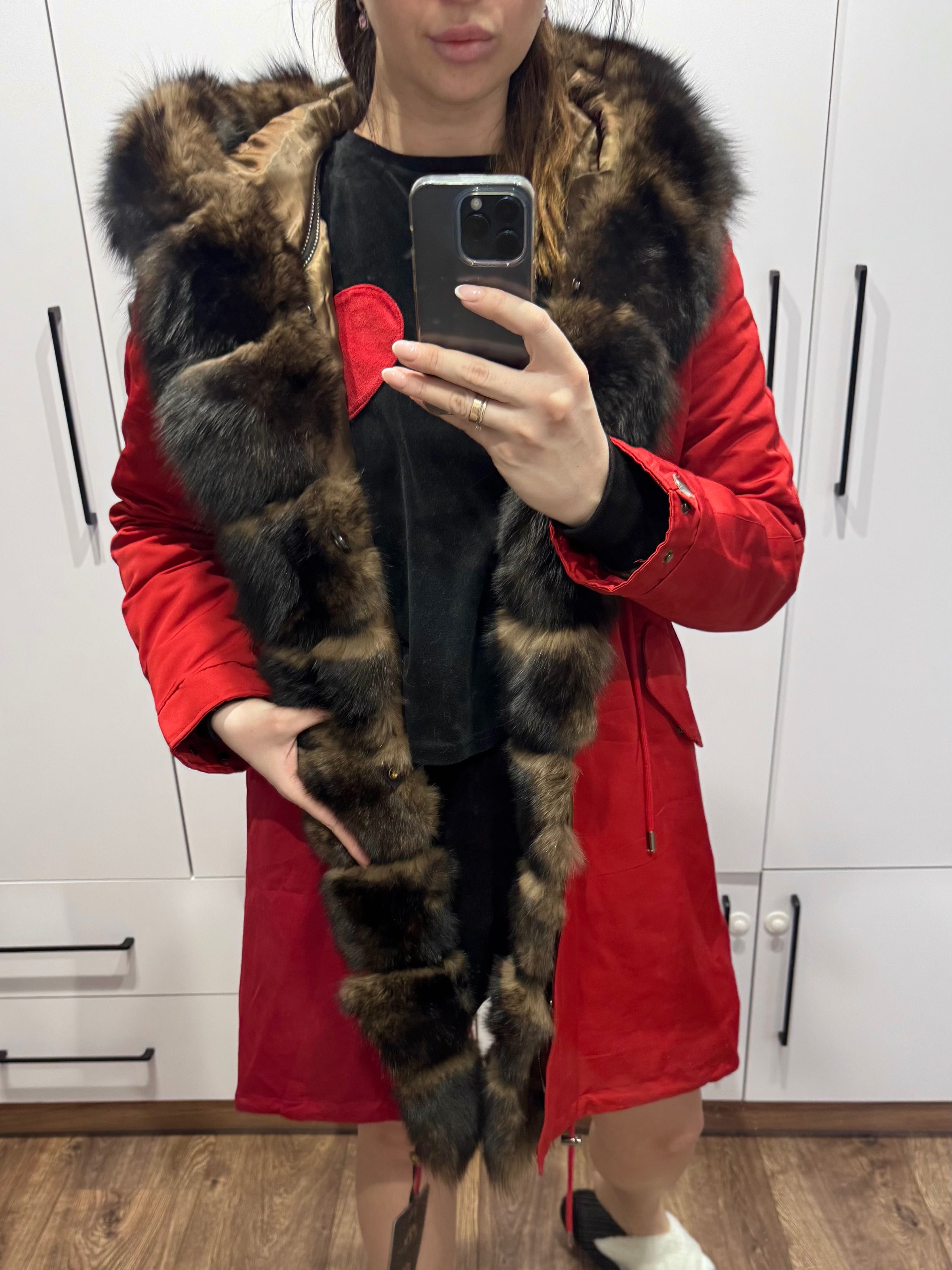 Nowa PARKA z naturalnym obszyciem futra lisa w SOBOLOWYM KOLORZE