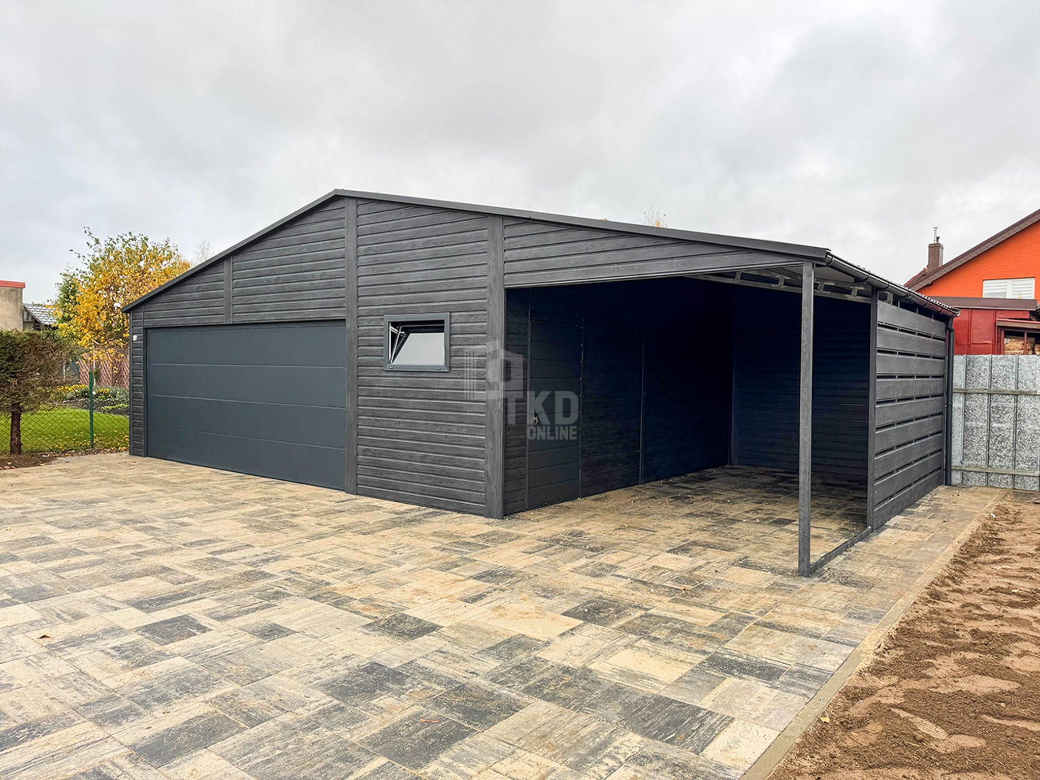 Garaż Blaszany Premium 8X6M + Wiata 3X6 Brama Drzwi Okno Rynny Tkd328
