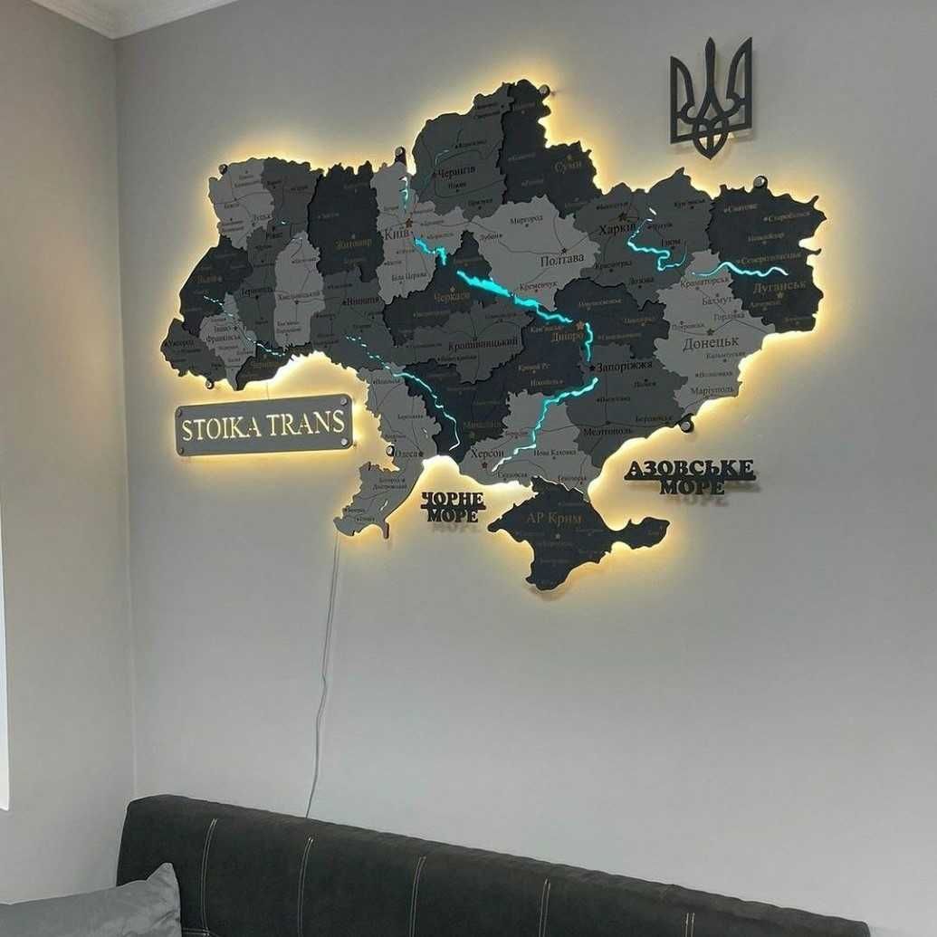 Дерев'яна мапа України з підсвіткою карта на стіну панно картина