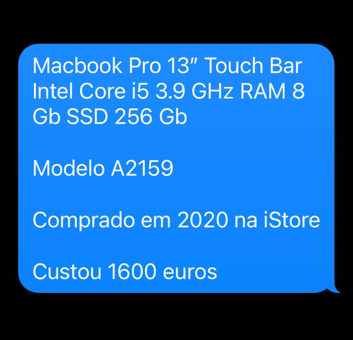 Macbook Pro 13” Touch Bar Intel Core i5 3.9 GHz RAM 8 Gb SSD 256 Gb
