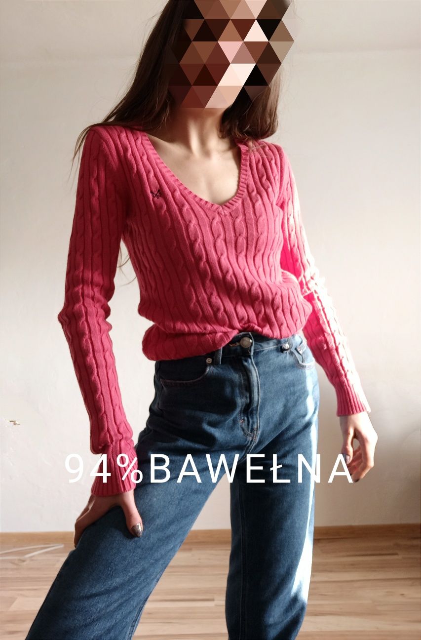 j crew warkoczowy bawełniany sweter s m warkocze bawełna retro różowy