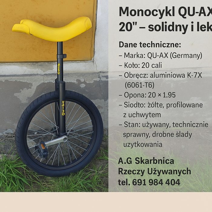 Monocykl QU-AX 20" – solidny i lekki

Na sprzedaż jednokołowiec renomo