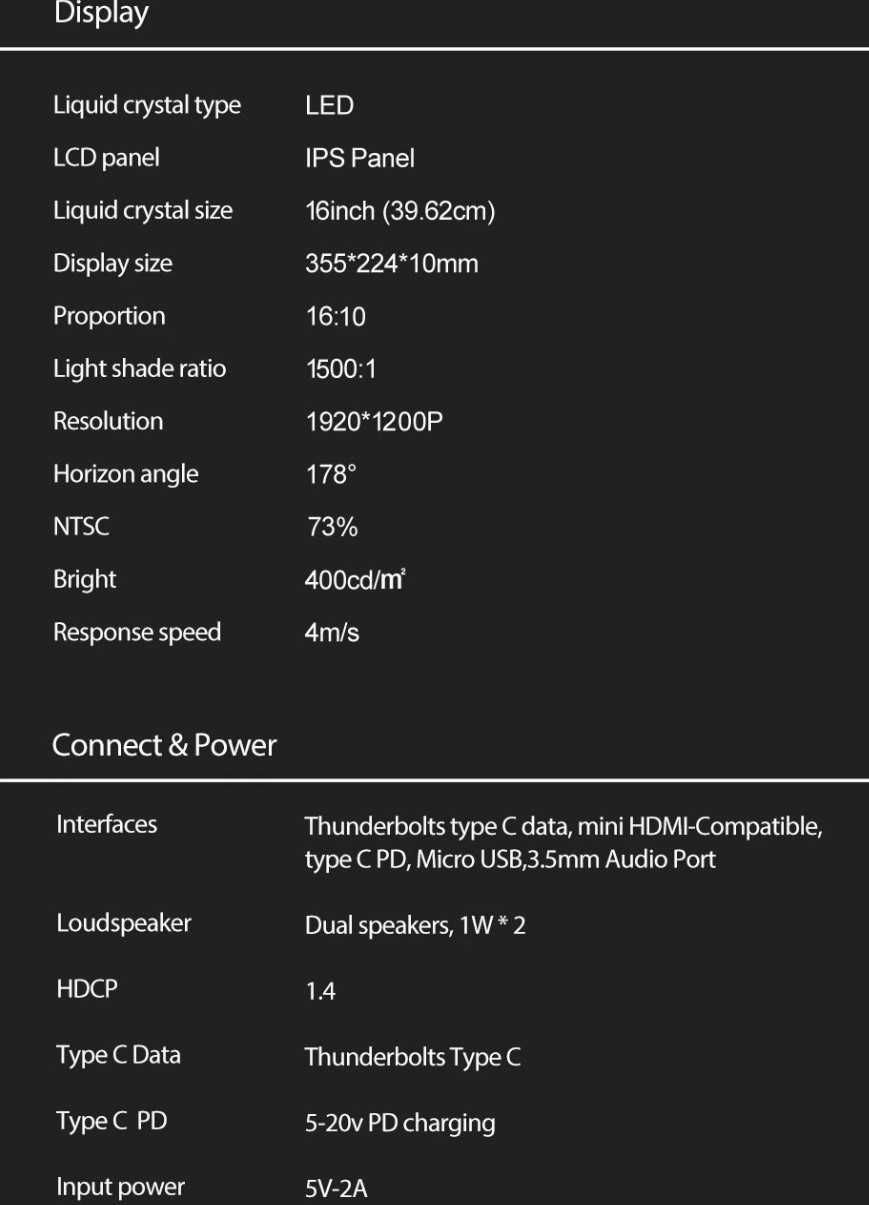 Портативний Монитор ZEUSLAP Z16 16" 400Nit 100% SRGB 4мс PS4 PS5 Xbo