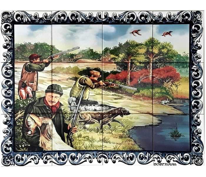 Painel de Azulejos CAÇADORES Cães de Caça Tiro à Perdiz 60x45CM Quadro