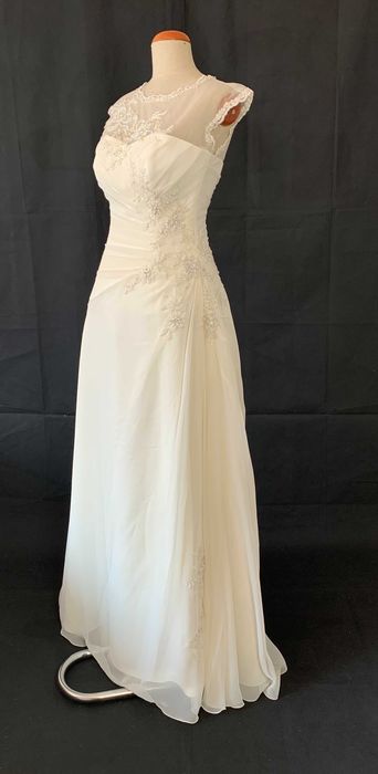 Nowa szyfonowa suknia ślubna Papas Michel 38 M Linia A z trenem ivory