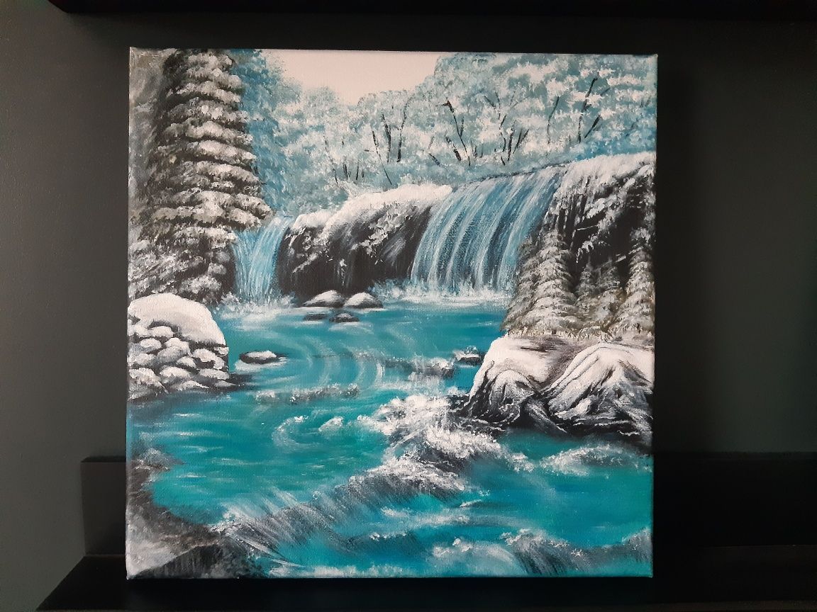 Wodospad rzeka zima Obraz handmade na płótnie 30x30cm
