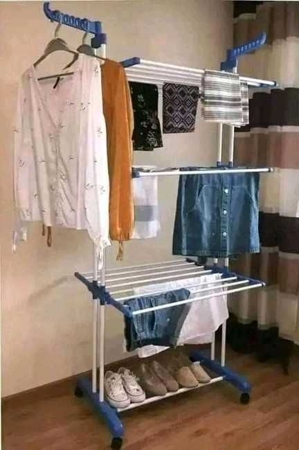 Сушарка для одягу багатоярусна на колесах складна металева стійка