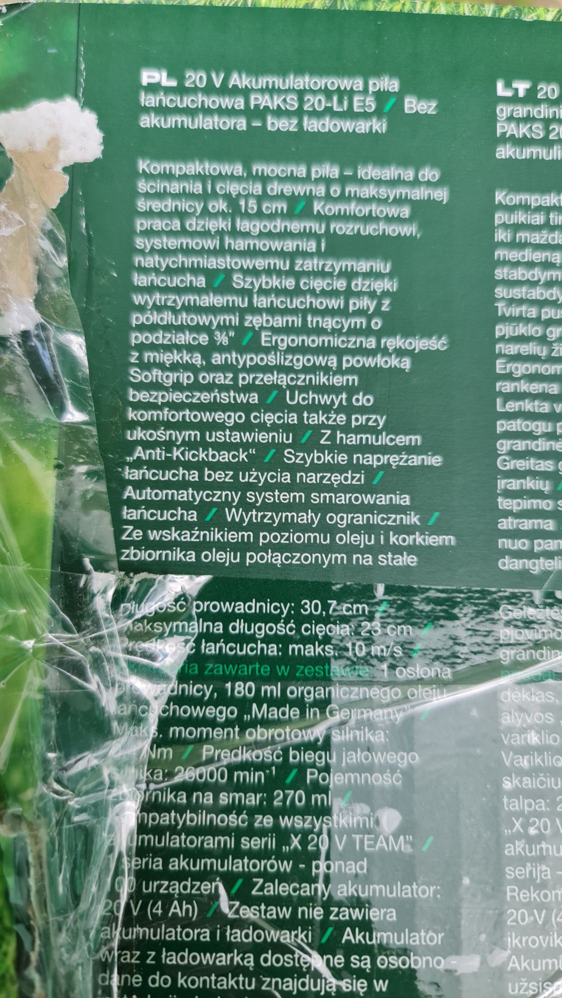 Akumulatorowa piła łańcuchowa Parkside PAKS 20-li E5