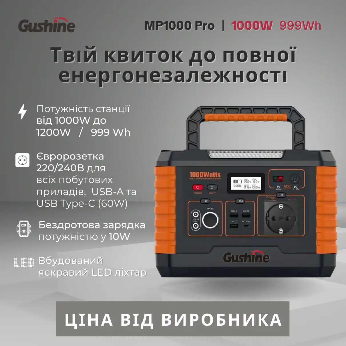 Безкоштовна доставка! Зарядна станція Gushine MP1000 1000 Вт 999 Вт/г