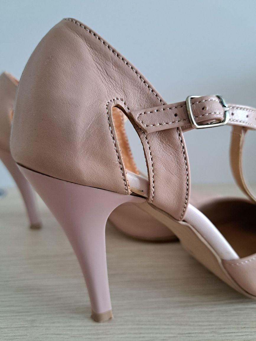 Półbuty na obcasie, skóra, buty na wesele, pudrowy róż