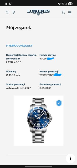 Longines Hydroconquest 41mm, na gwarancji, full set