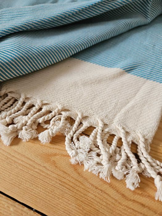 Wielofunkcyjny Bawełniany ręcznik Pestemal 100x180 niebiesko kremowy