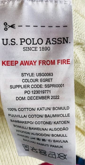 Sweterek U.S. Polo Assn. Ecru, we warkocze, bawelna, kr. rekaw, S