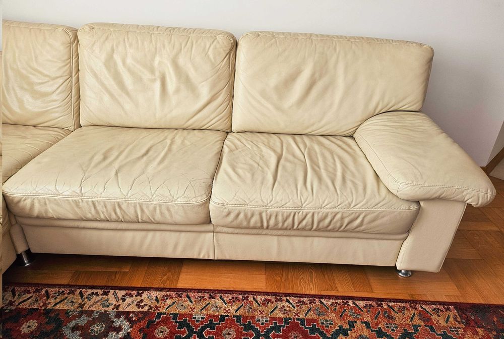 Narożnik z funkcją spania, 195/258cm, skóra naturalna, kolor ecru.