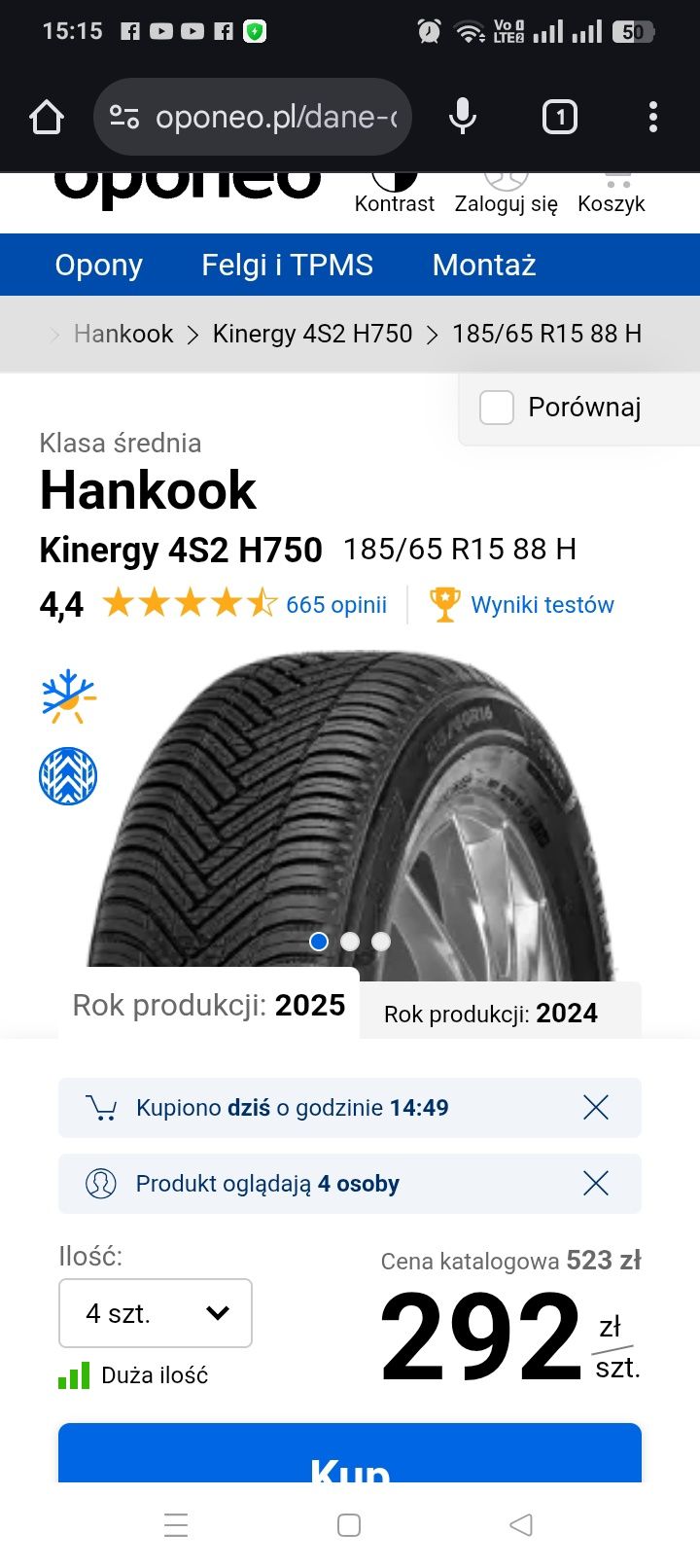 4 opony wielosezonowe 185/60r15 2023r super stan hankook