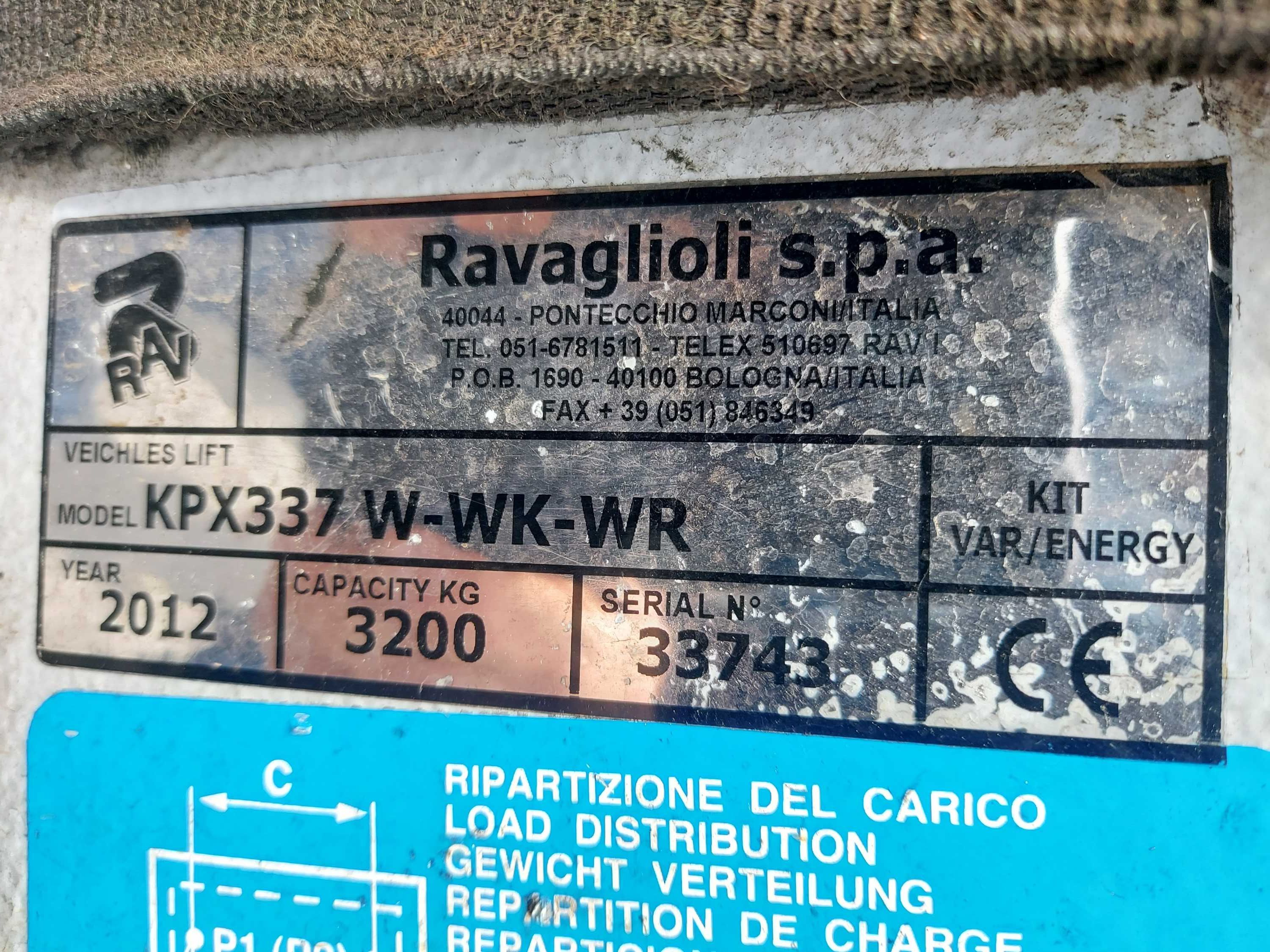 Podnośnik warsztatowy RAVAGLIOLI KPX 337W 3200 kg