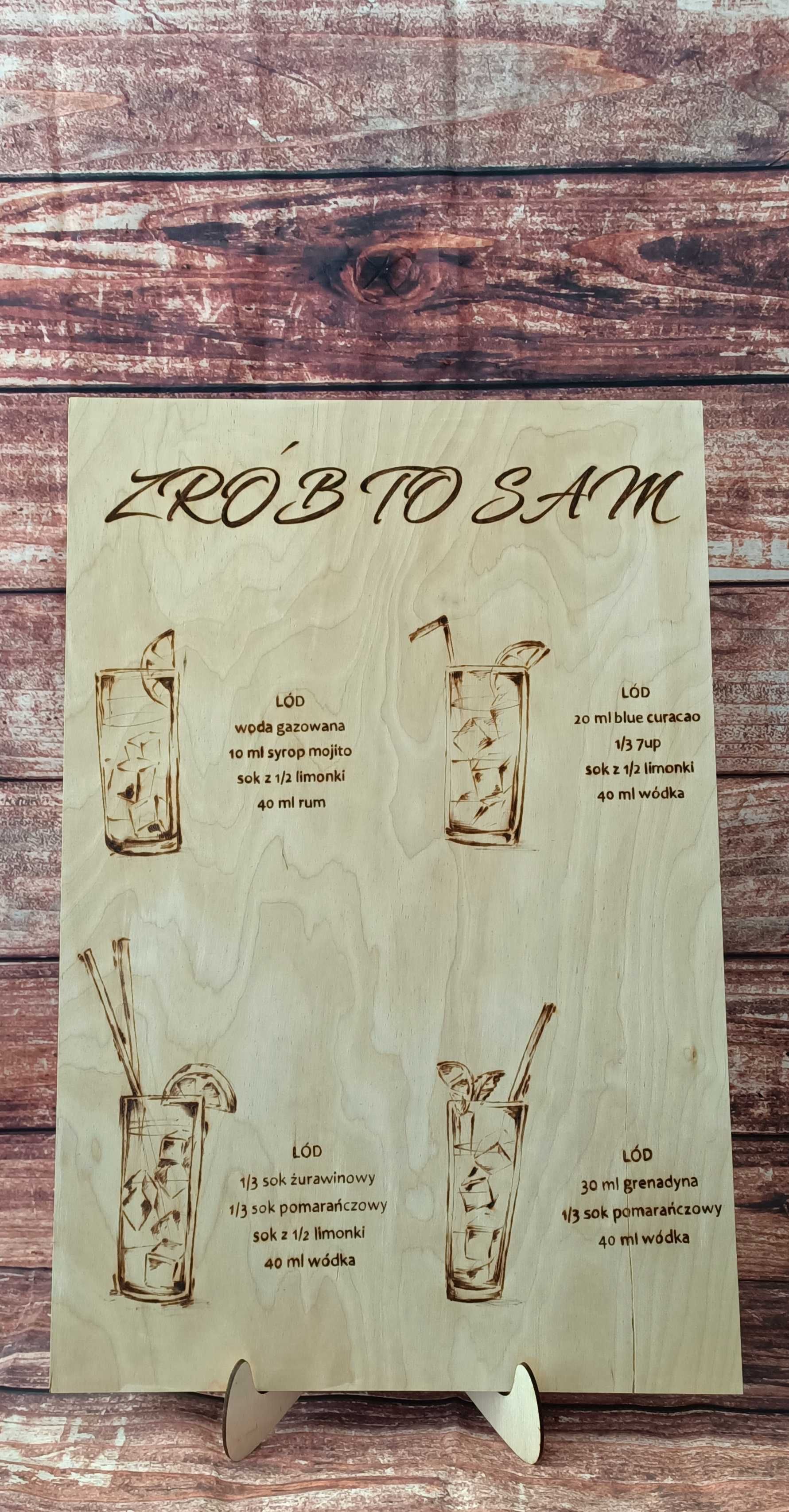 Tablica z recepturami drinków dekoracje boho ślub