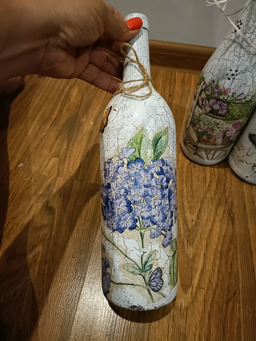 Decoupage ozdobne butelki bez róże szarość spękania hand made