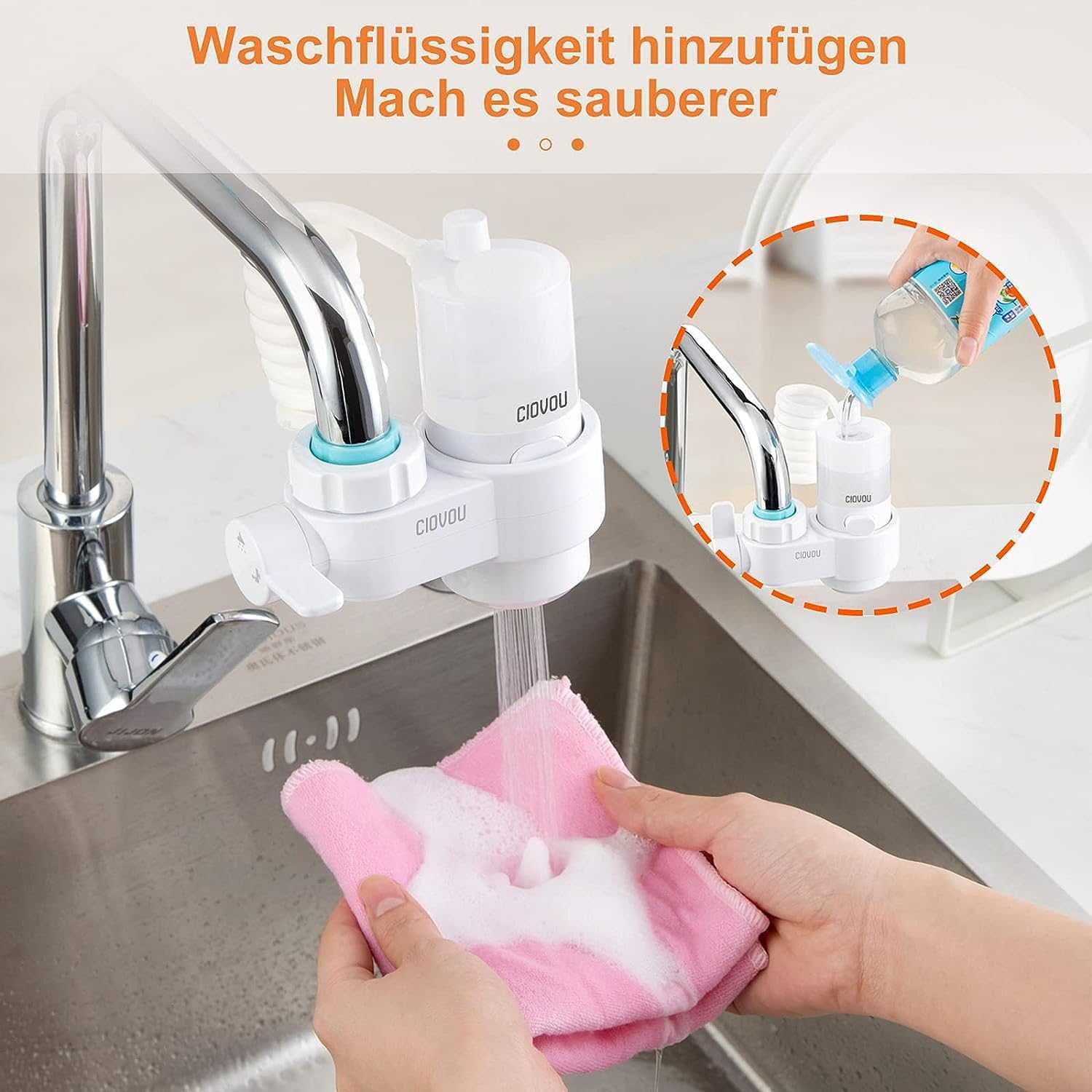 Розсувна насадка душ на кухонний кран з дозатором миючого засобу