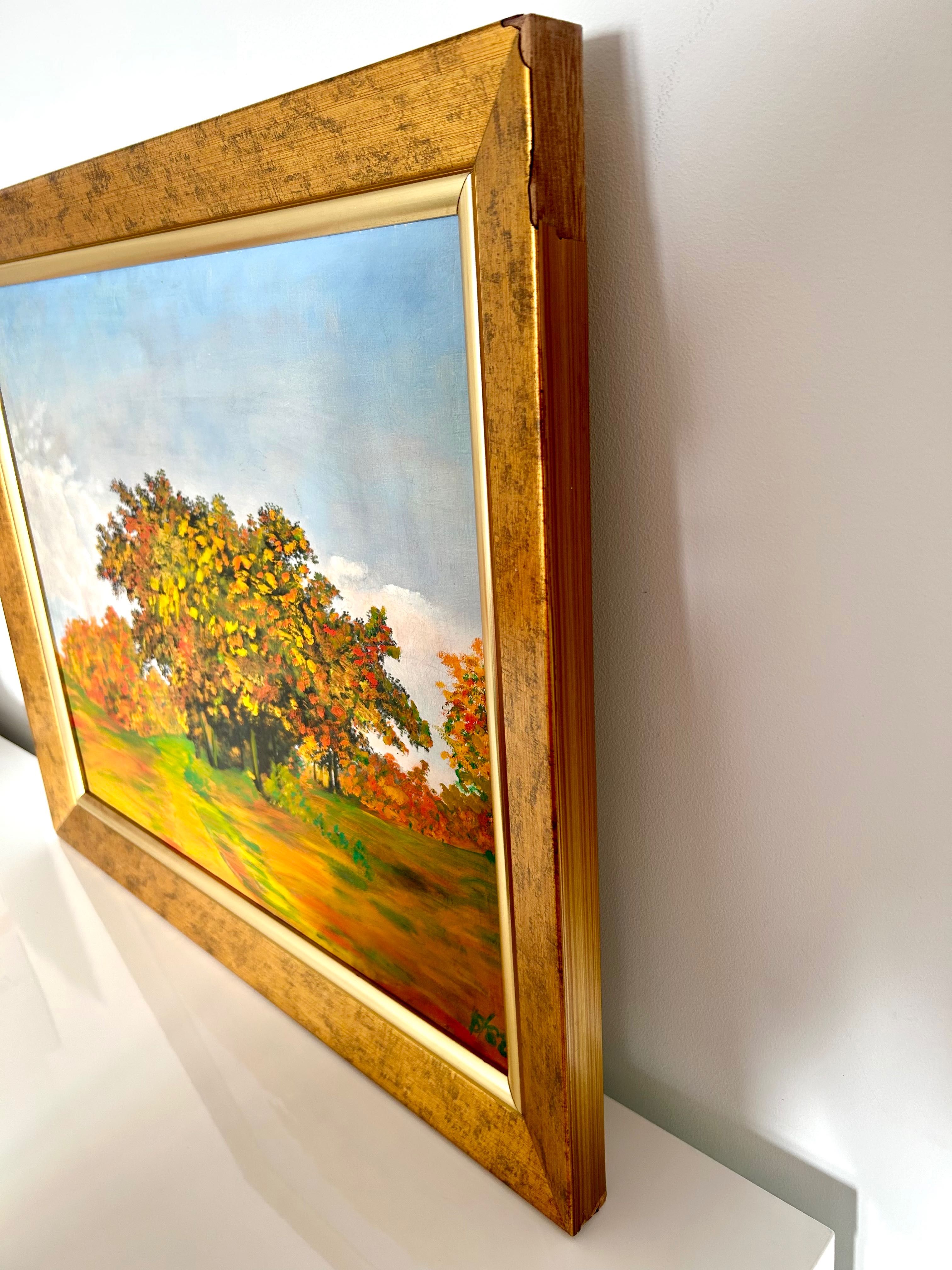 Obraz w złotej ramie jesień drzewa pejzaż