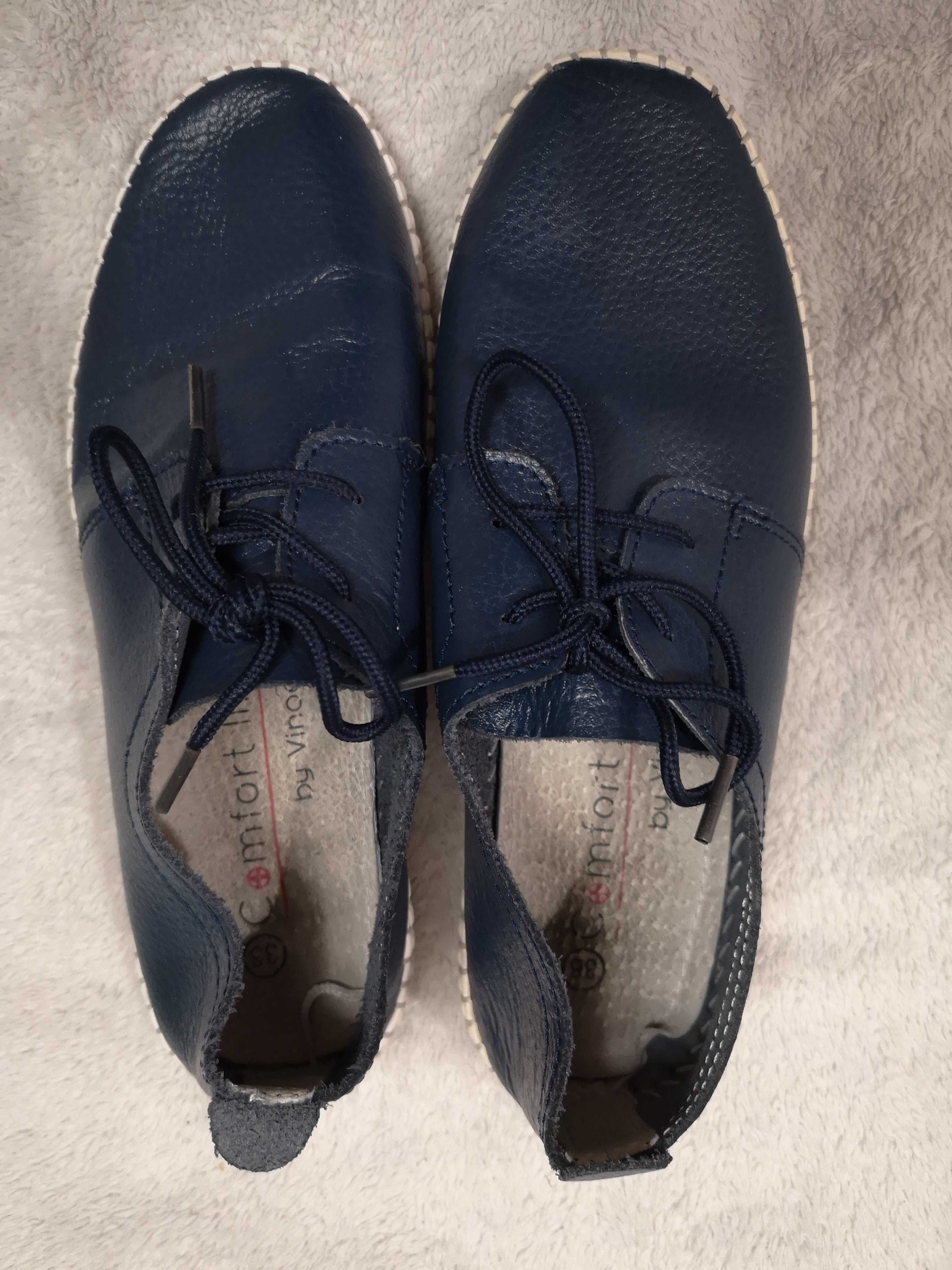 Granatowe eleganckie skórzane wiązane buty Comfort Line by Vinoeza 36