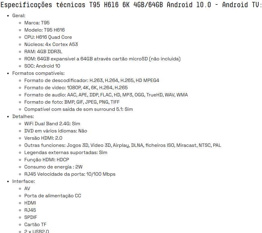 Box android T95 4 GB de RAM e 64 GB memória interna