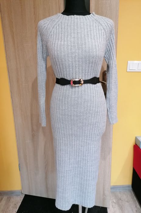 Nowa sukienka sweterkowa midi Szara wycięte plecy roz m wypada mniejsz