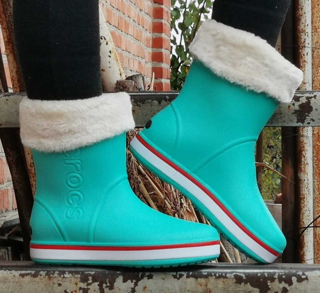 Женские Резиновые Полусапожки CROCS Сапоги Кроксы Теплые Зимние Бирюзо