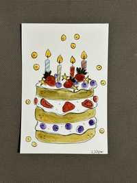 Kartka urodzinowa imininowa urodziny tort boho  truskawki życzenia