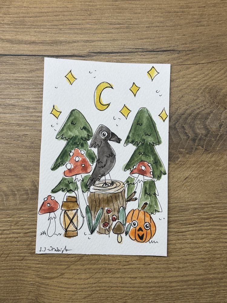 Kartka okolocznościowa ilustracja jesień jesieniara wrona kruk las
