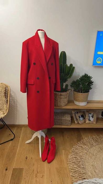 Płaszcz Zara wełna Manteco wełniany czerwony dwurzędowy rozm L Nowy