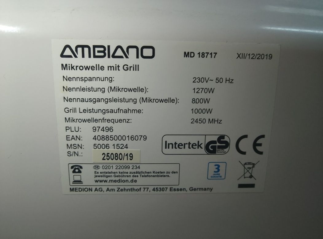 Kuchenka mikrofalowa mikrofalówka AMBIANO 1270W grill
