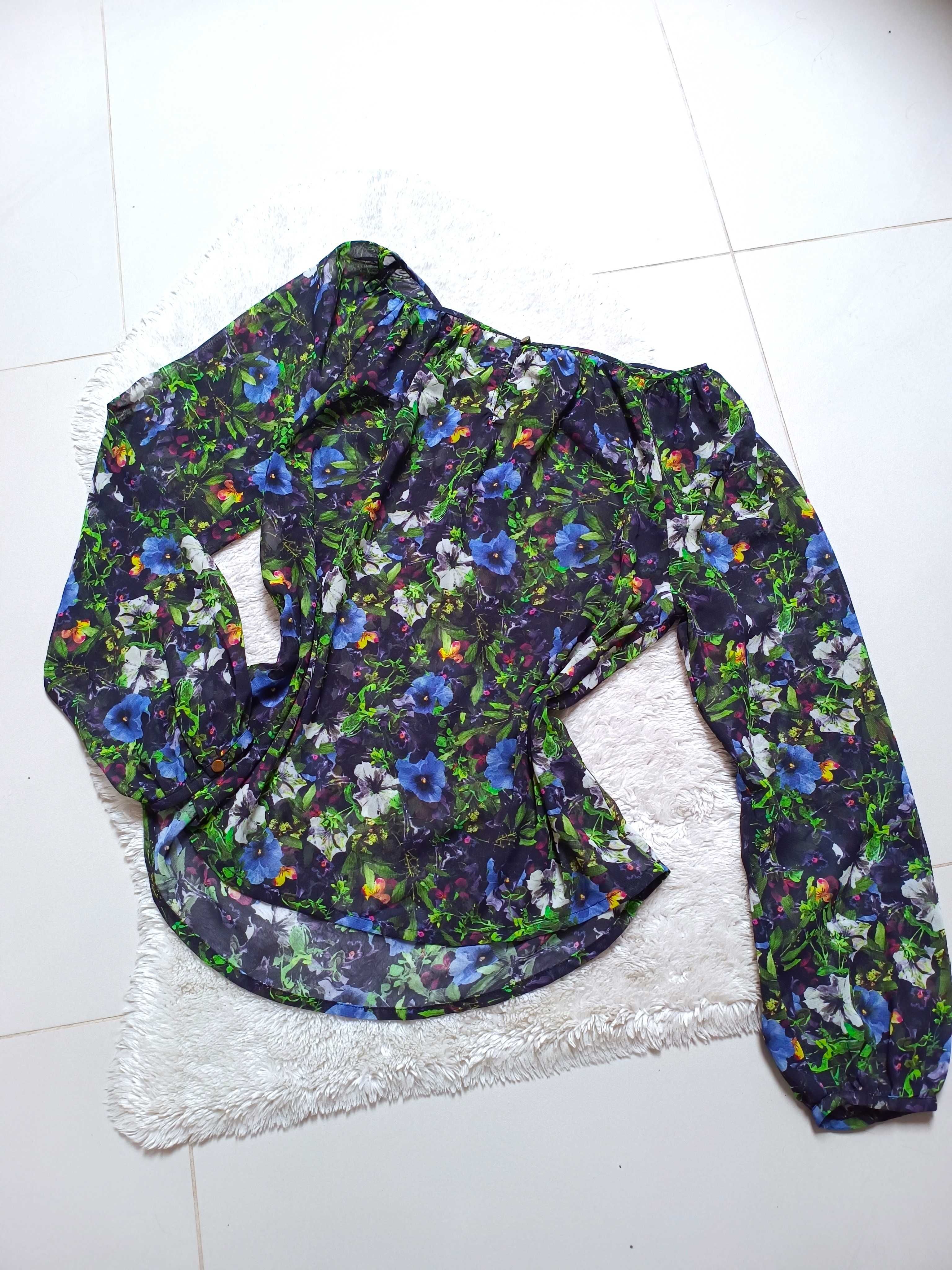 Wizytowa bluzka przeźroczysta M/L kolorowa w kwiaty idealna na wiosnę
