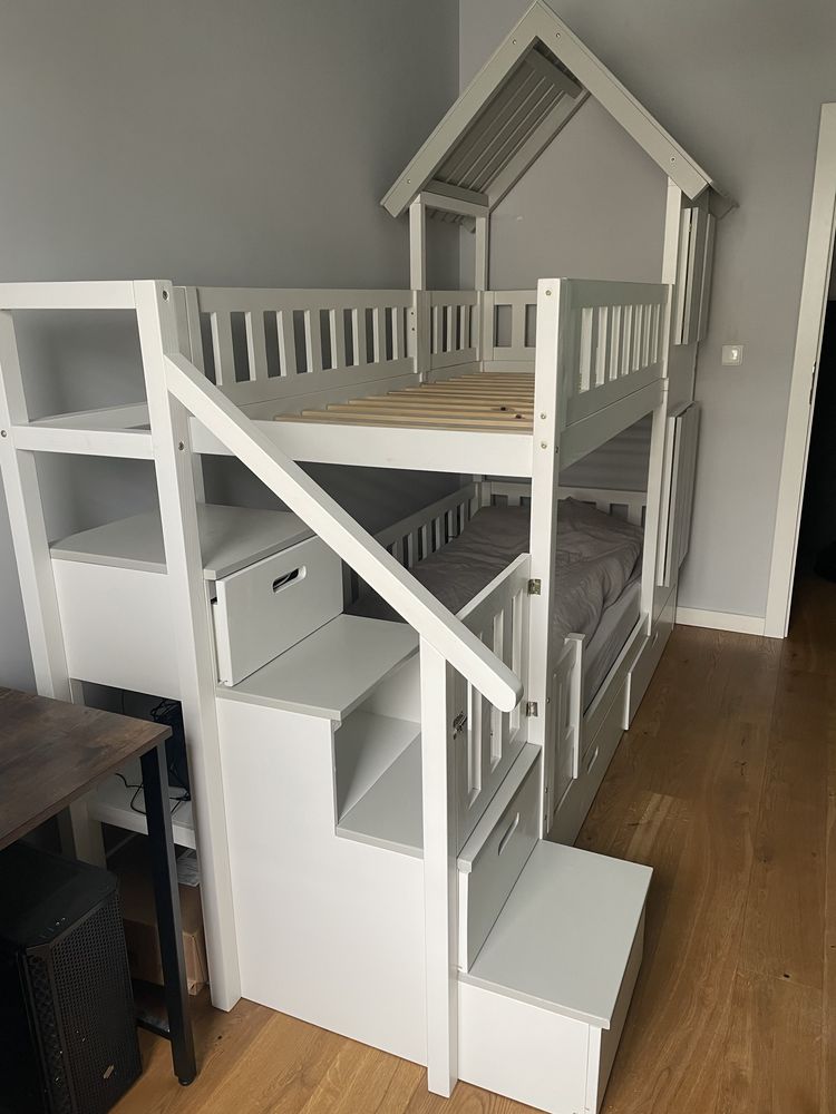 Łóżeczko piętrowe dziecięce drewniane 90x200 szuflady schody