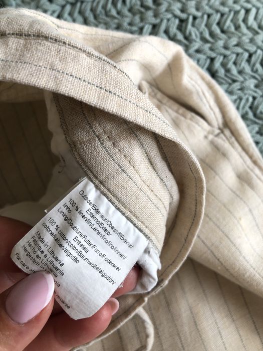 Bezowe w paski letnie lniane spodnie meskie z przewiazaniem stan bdb