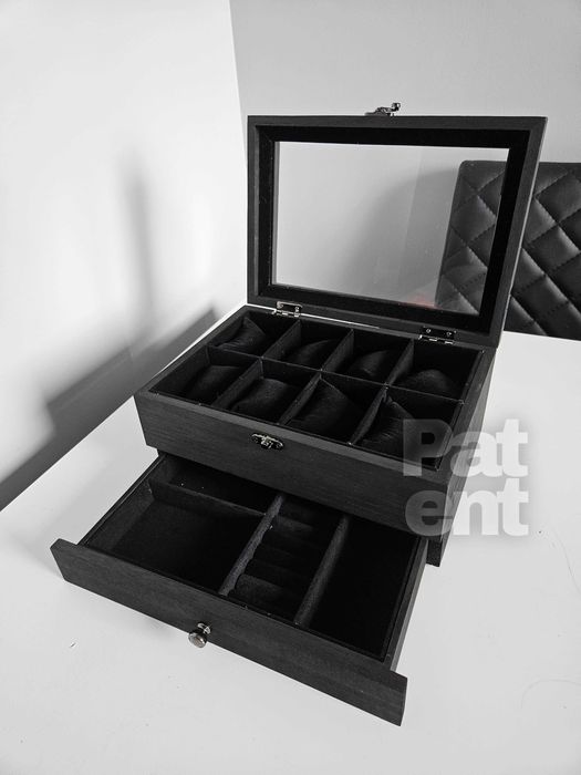 Szkatułka organizer kuferek na biżuterię zegarki czarna na prezent