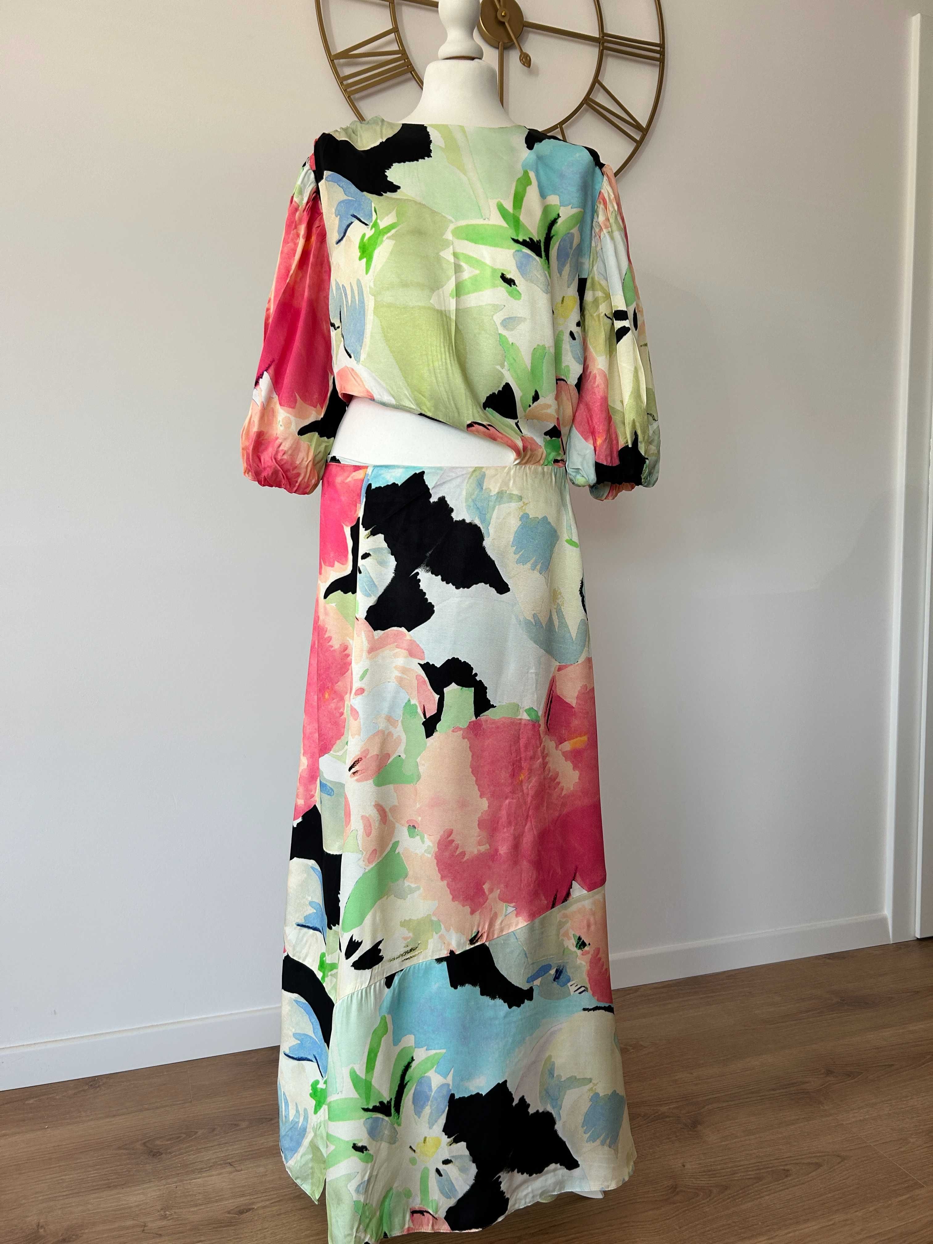 Asos midi sukienka z wiskozy z wycięciem bufki kwiatowy print 44 XXL