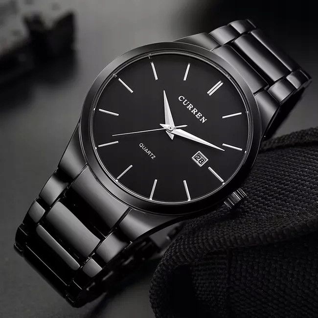 Zegarek Męski Klasyczny Datownik Bransoleta Czarny Minimalistyczny Cur