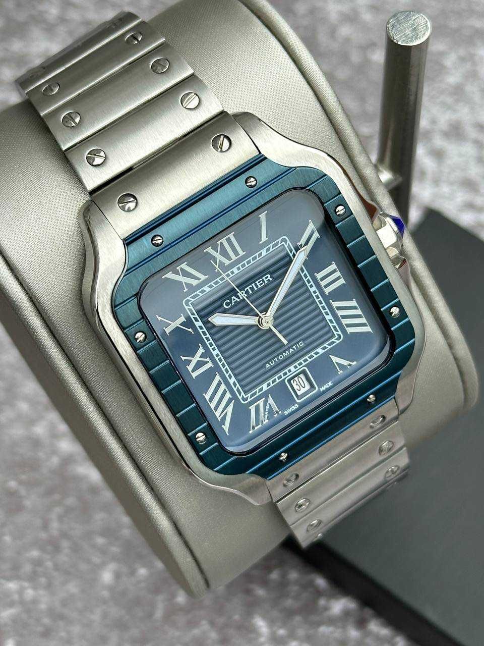 Швейцарские часы Cartier Santos Silver-Blue Classic. Топ качество