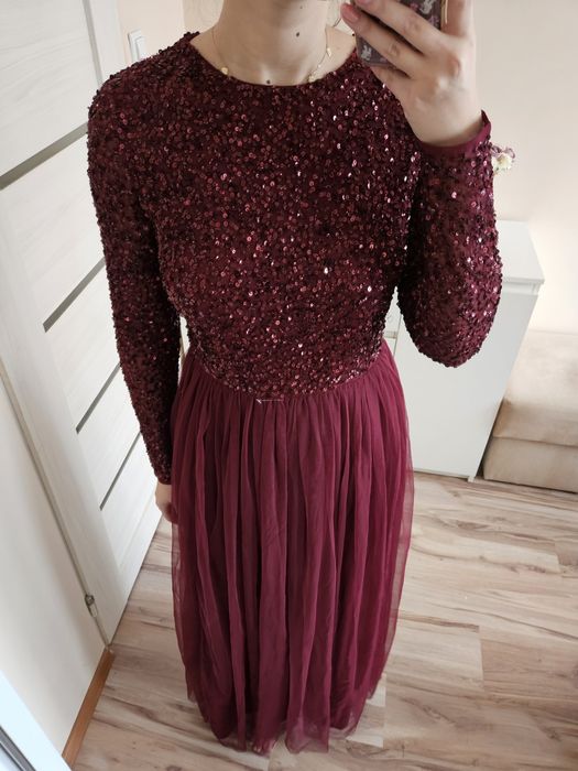 Bordowa sukienka maxi tiulowa z cekinami maya deluxe 38 M wesele