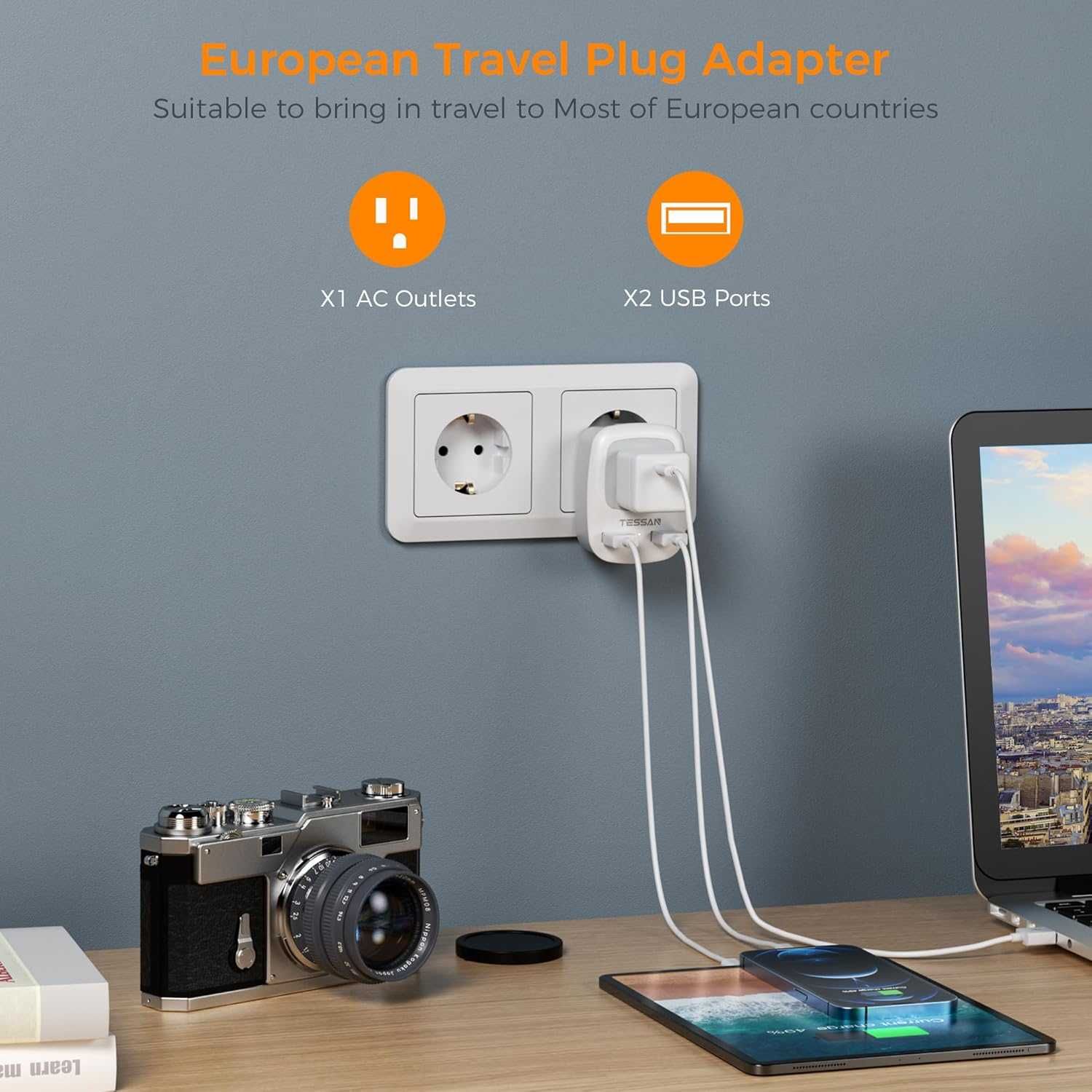 Podróżny adapter z 2 portami USB i gniazdkiem typu C TS-AP2U-EU TESSAN