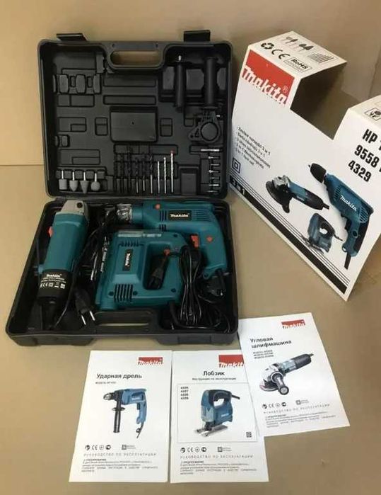Набір інструментів Makita 3 в 1 дриль лобзик болгарка