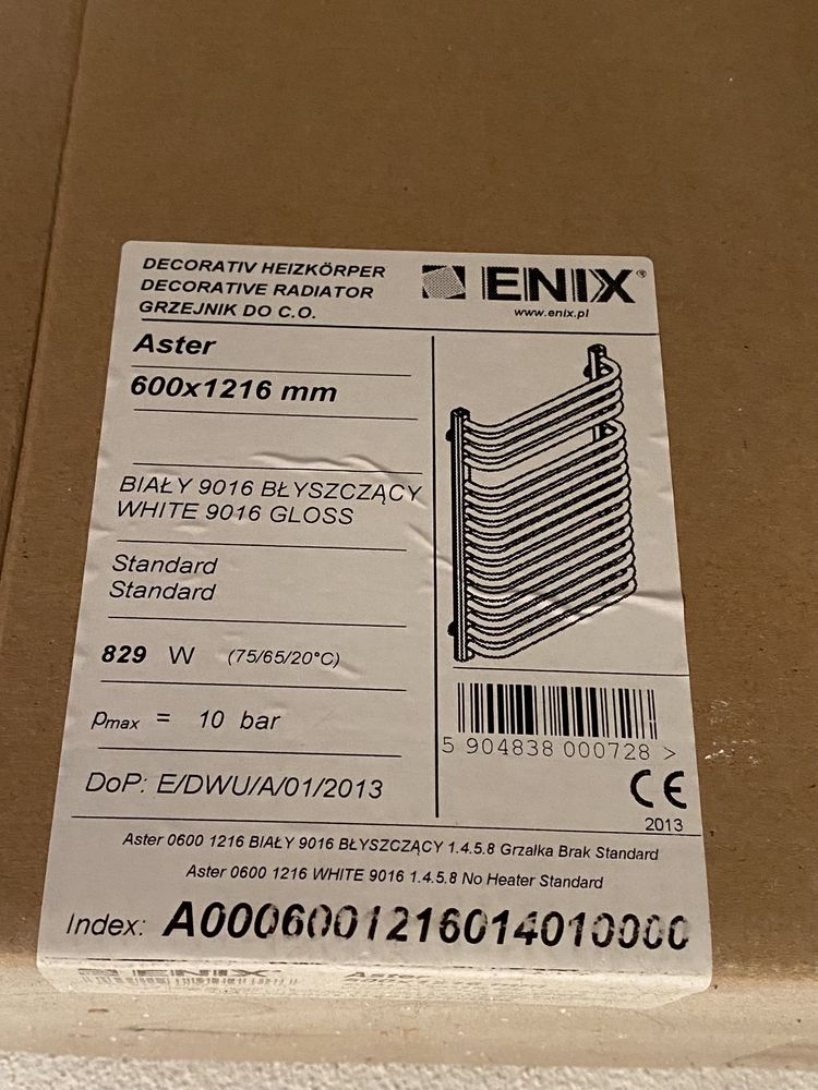 Grzejnik drabinkowy do łazienki Enix Aster 600x1216 BIAŁY 9016 błyszcz