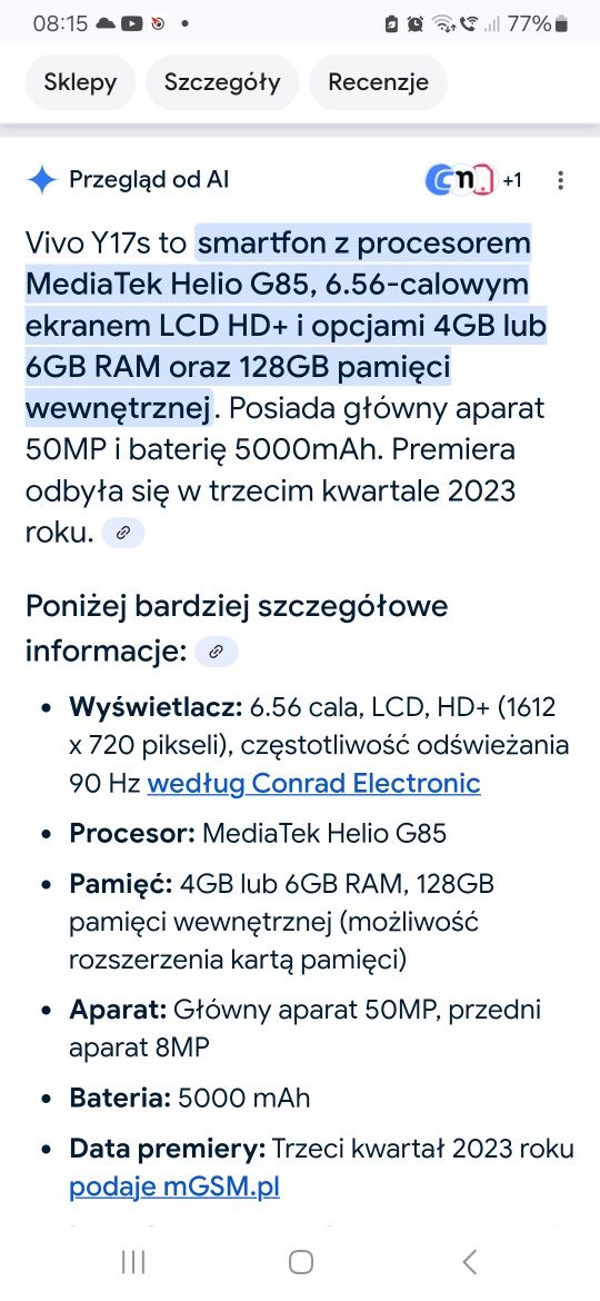 Telefon komórkowy vivo y17s