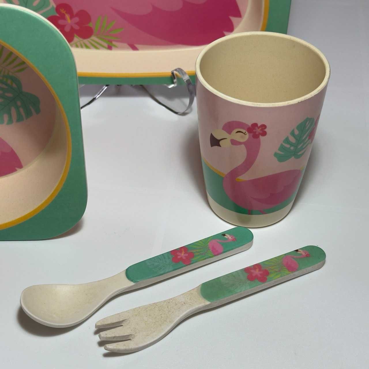 Бамбуковый набор посуды для детей фламинго для девочки