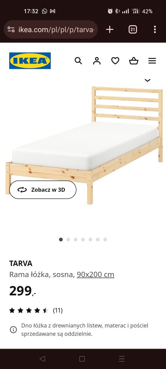 Łóżko Ikea Tarva 160x90 (ze stelażem i materacem)