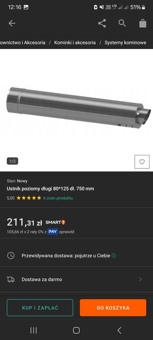 Ustnik poziomy długi 80x120 dł. 750mm, rura, komin, junkers, piec