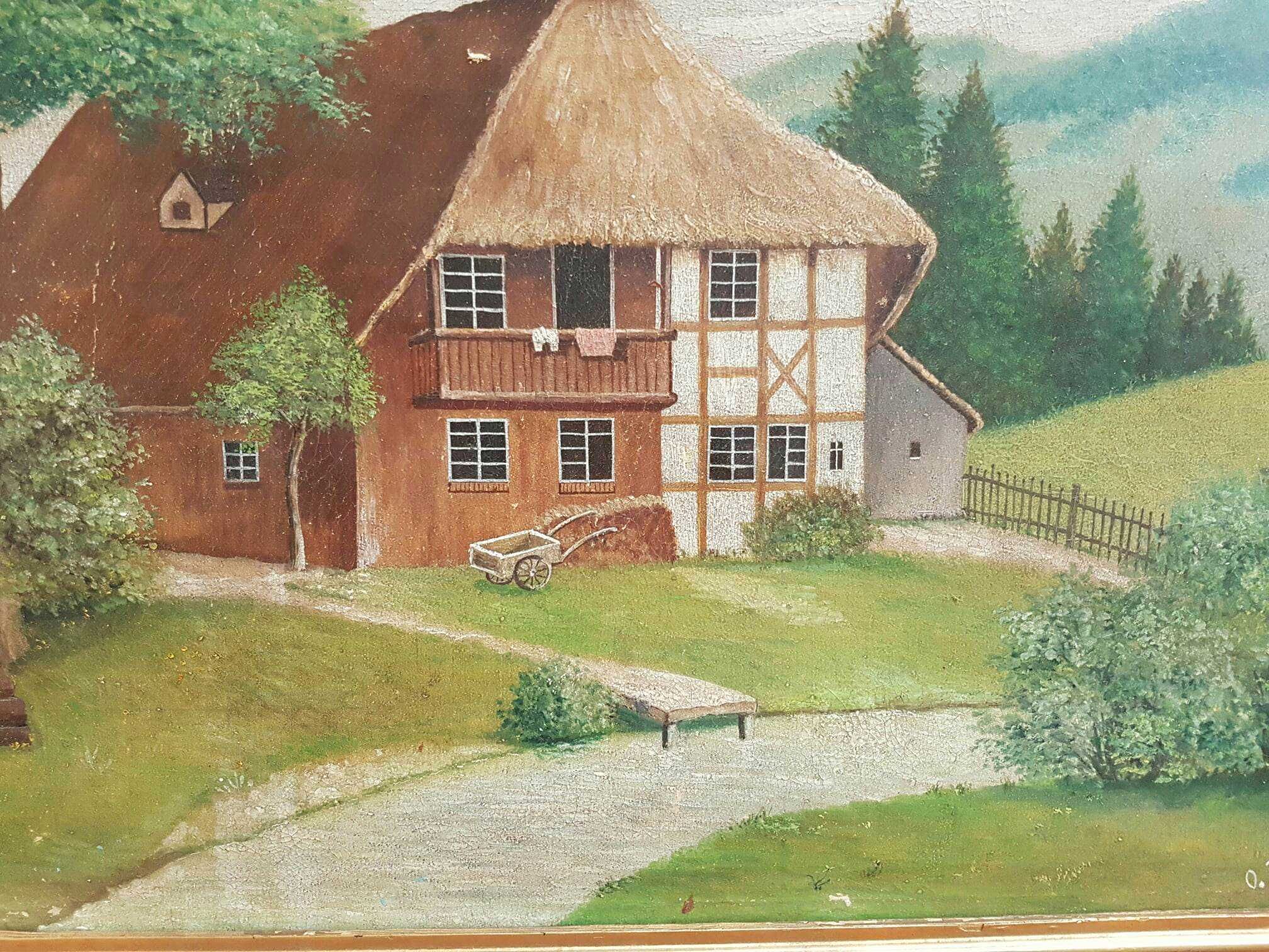 Obraz ręcznie malowany olej na płótnie "Domek w górach" Sygn 70x50