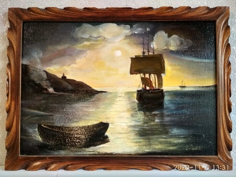 Картина маслом, холст. Продам. Парусник, човен, море, місяць