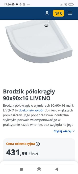 Brodzik półokrągły LIVENO 90x90x16